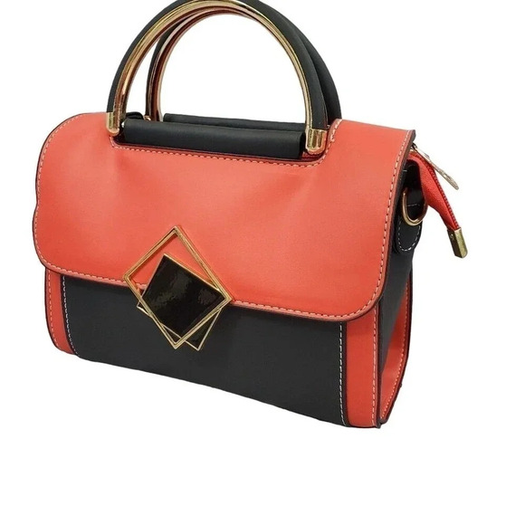 Red and Black Two-Tone Cross Body Purse With Golden Accents, Adjustable Strap - Picture 2 of 10